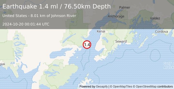 Earthquake 44 km WNW of Anchor Point, Alaska (1.4 ml) (2024-10-20 00:01:44 UTC)