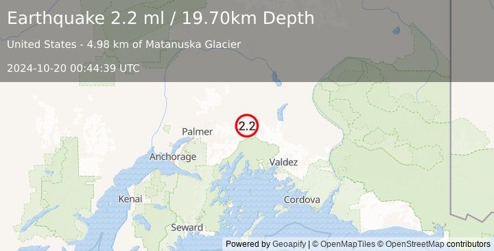 Earthquake 14 km SSE of Glacier View, Alaska (2.2 ml) (2024-10-20 00:44:39 UTC)