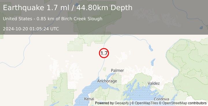 Earthquake 11 km S of Talkeetna, Alaska (1.7 ml) (2024-10-20 01:05:24 UTC)