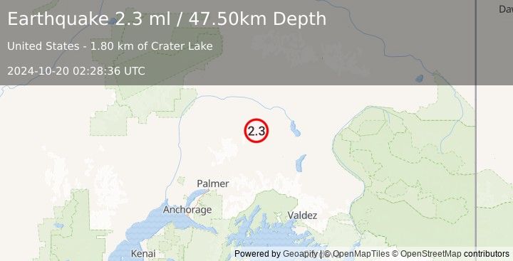 Earthquake 56 km NNW of Eureka Roadhouse, Alaska (2.3 ml) (2024-10-20 02:28:36 UTC)