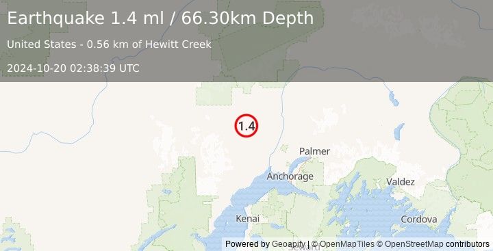 Earthquake 5 km E of Skwentna, Alaska (1.4 ml) (2024-10-20 02:38:39 UTC)