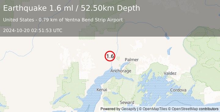 Earthquake 21 km NNW of Susitna, Alaska (1.6 ml) (2024-10-20 02:51:53 UTC)