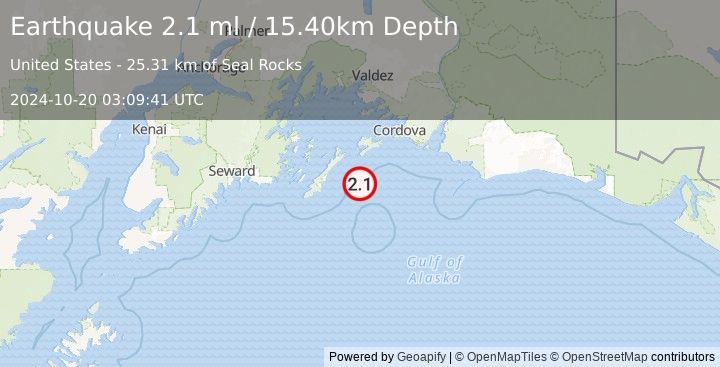 Earthquake 78 km E of Chenega, Alaska (2.1 ml) (2024-10-20 03:09:41 UTC)