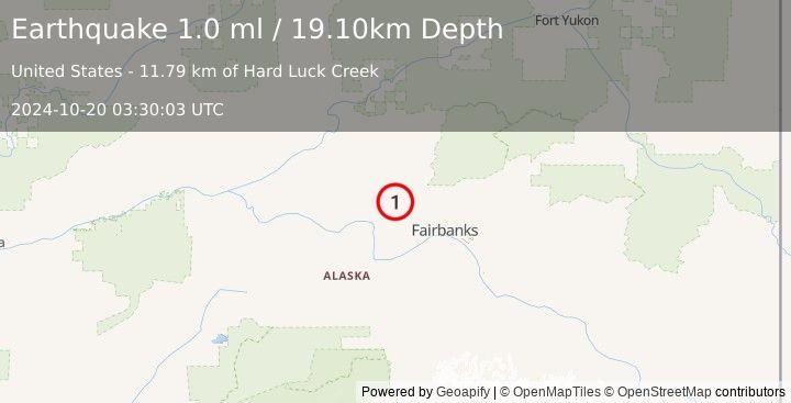 Earthquake 31 km ESE of Minto, Alaska (1.0 ml) (2024-10-20 03:30:03 UTC)