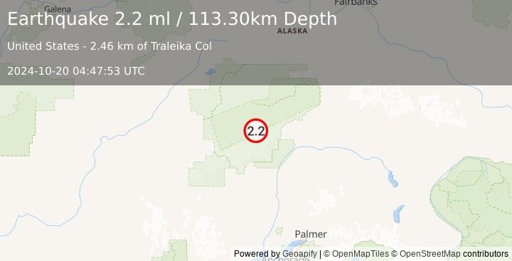 Earthquake 65 km N of Petersville, Alaska (2.2 ml) (2024-10-20 04:47:53 UTC)