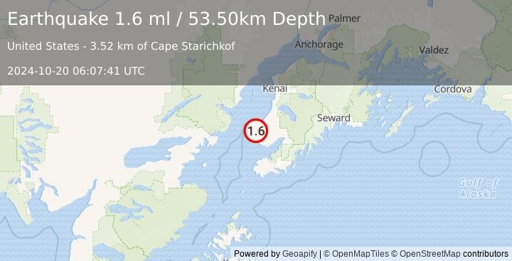 Earthquake 8 km SW of Happy Valley, Alaska (1.6 ml) (2024-10-20 06:07:41 UTC)