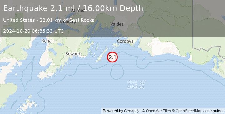 Earthquake 76 km E of Chenega, Alaska (2.1 ml) (2024-10-20 06:35:33 UTC)