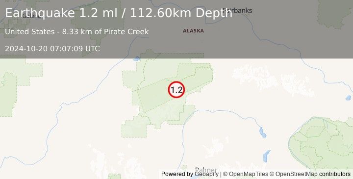 Earthquake 70 km ESE of Denali National Park, Alaska (1.2 ml) (2024-10-20 07:07:09 UTC)