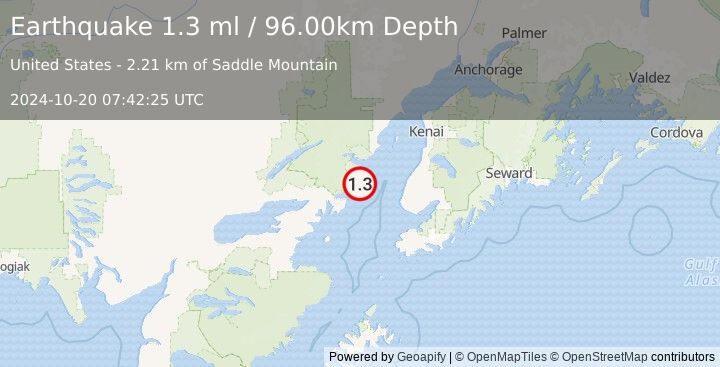 Earthquake 54 km WNW of Anchor Point, Alaska (1.3 ml) (2024-10-20 07:42:25 UTC)