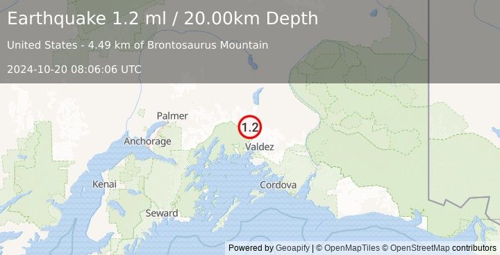 Earthquake 36 km NNW of Valdez, Alaska (1.2 ml) (2024-10-20 08:06:06 UTC)