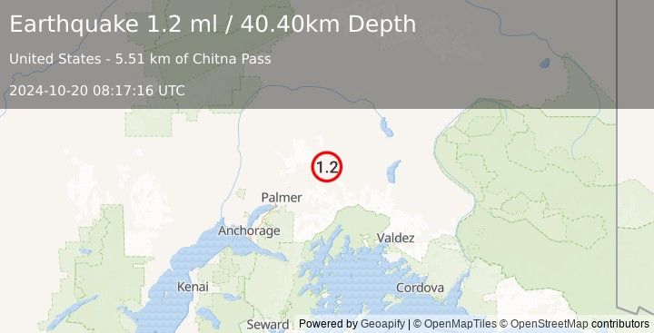 Earthquake 24 km NW of Glacier View, Alaska (1.2 ml) (2024-10-20 08:17:16 UTC)