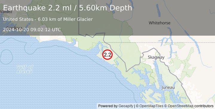 Earthquake 47 km E of Yakutat, Alaska (2.2 ml) (2024-10-20 09:02:12 UTC)