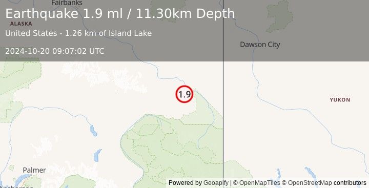 Earthquake 7 km WSW of Tetlin, Alaska (1.9 ml) (2024-10-20 09:07:02 UTC)