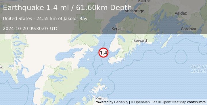 Earthquake 28 km SW of Anchor Point, Alaska (1.4 ml) (2024-10-20 09:30:07 UTC)