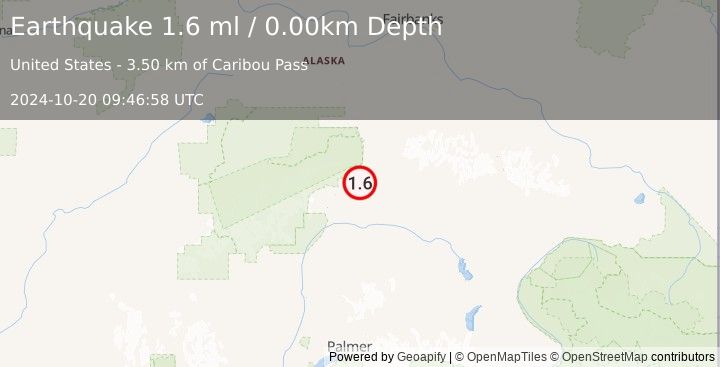 Earthquake 15 km SSE of Cantwell, Alaska (1.6 ml) (2024-10-20 09:46:58 UTC)