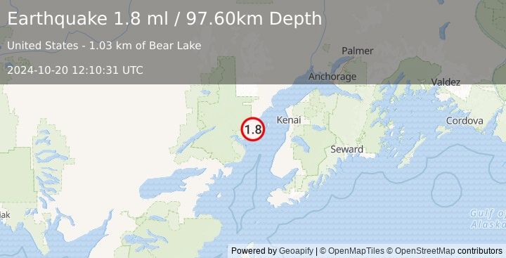 Earthquake 56 km NW of Ninilchik, Alaska (1.8 ml) (2024-10-20 12:10:31 UTC)