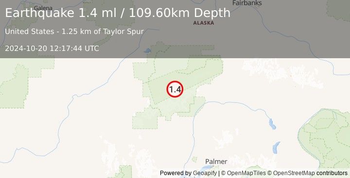 Earthquake 60 km SE of Denali National Park, Alaska (1.4 ml) (2024-10-20 12:17:44 UTC)