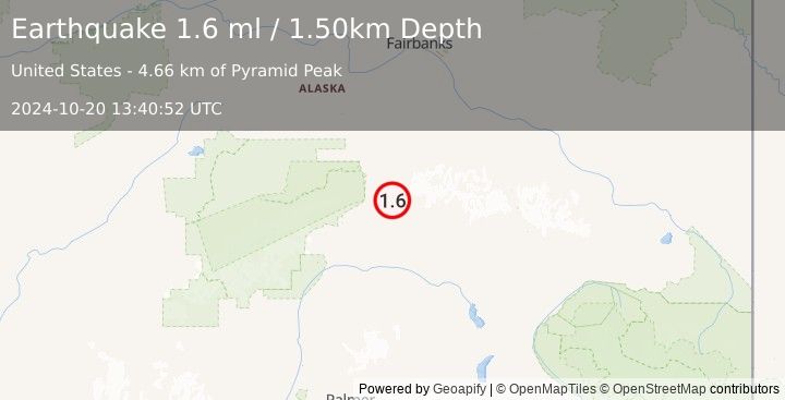 Earthquake 35 km ENE of Cantwell, Alaska (1.6 ml) (2024-10-20 13:40:52 UTC)