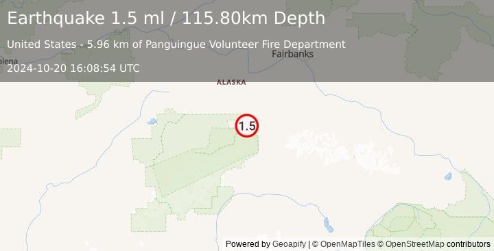 Earthquake 10 km WSW of Healy, Alaska (1.5 ml) (2024-10-20 16:08:54 UTC)