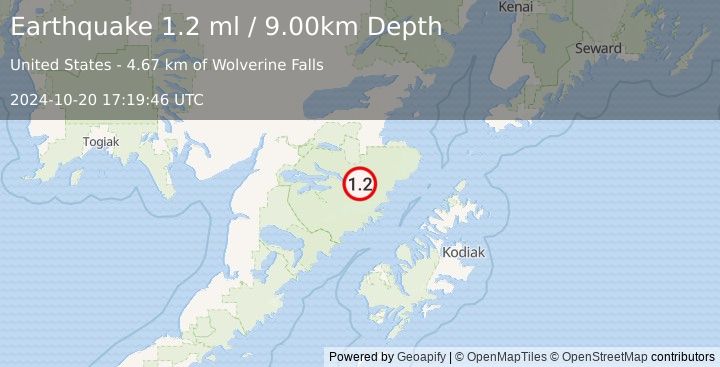 Earthquake 95 km S of Kokhanok, Alaska (1.2 ml) (2024-10-20 17:19:46 UTC)