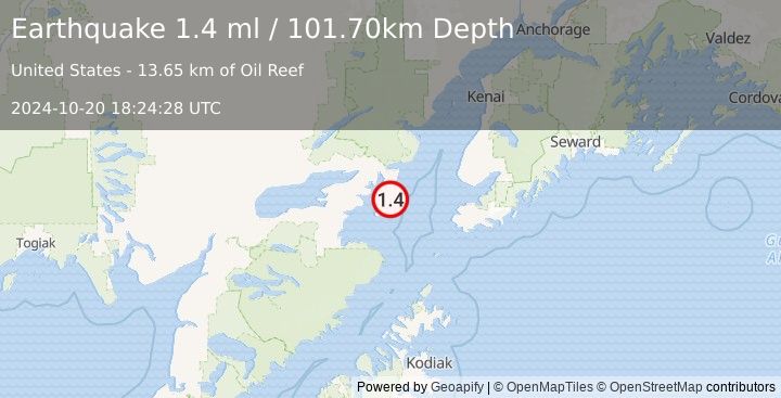 Earthquake 60 km ESE of Pedro Bay, Alaska (1.4 ml) (2024-10-20 18:24:28 UTC)