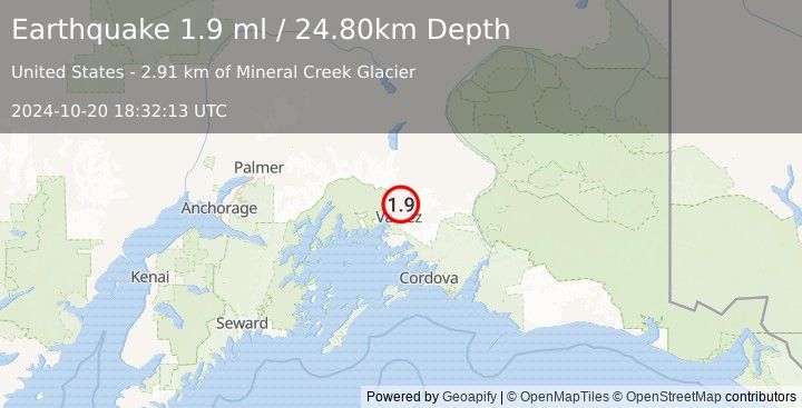 Earthquake 13 km N of Valdez, Alaska (1.9 ml) (2024-10-20 18:32:13 UTC)