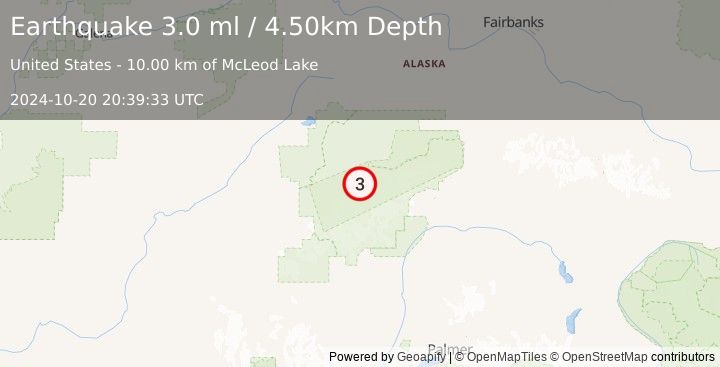 Earthquake 42 km SE of Denali National Park, Alaska (3.0 ml) (2024-10-20 20:39:33 UTC)