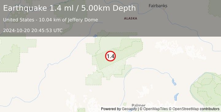 Earthquake 44 km SE of Denali National Park, Alaska (1.4 ml) (2024-10-20 20:45:53 UTC)