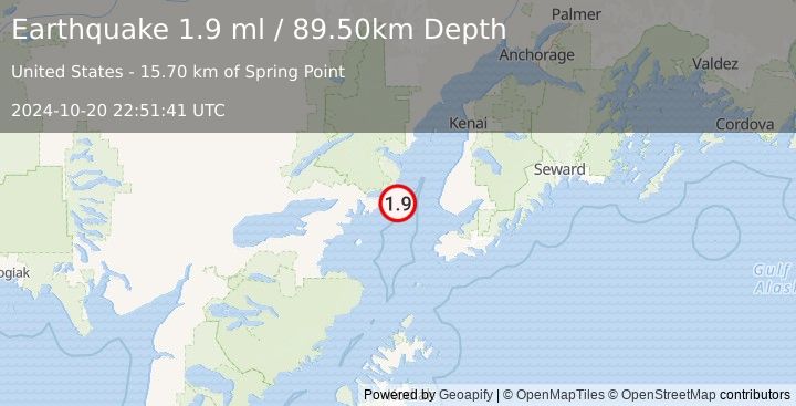 Earthquake 46 km W of Anchor Point, Alaska (1.9 ml) (2024-10-20 22:51:41 UTC)