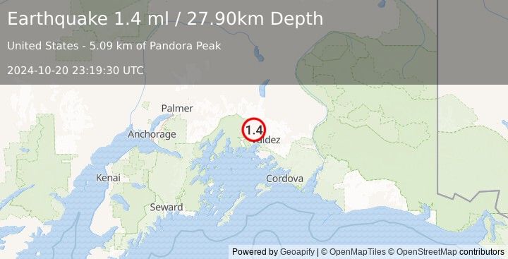 Earthquake 25 km NW of Valdez, Alaska (1.4 ml) (2024-10-20 23:19:30 UTC)