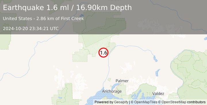 Earthquake 17 km NE of Petersville, Alaska (1.6 ml) (2024-10-20 23:34:21 UTC)