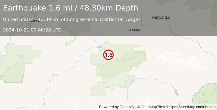 Earthquake 14 km NE of Denali National Park, Alaska (1.6 ml) (2024-10-21 00:40:28 UTC)