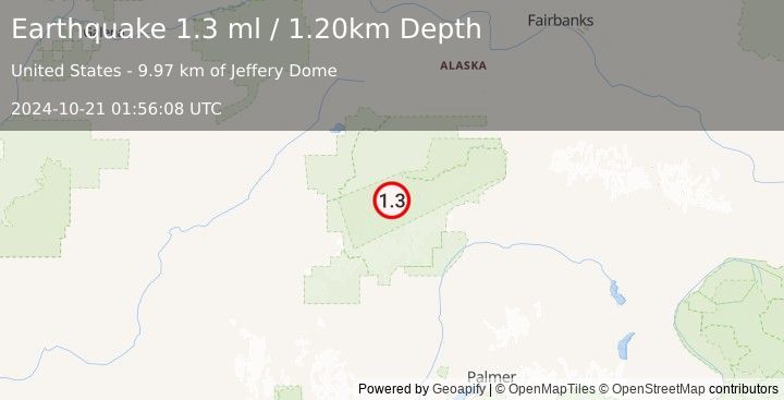 Earthquake 44 km SE of Denali National Park, Alaska (1.3 ml) (2024-10-21 01:56:08 UTC)