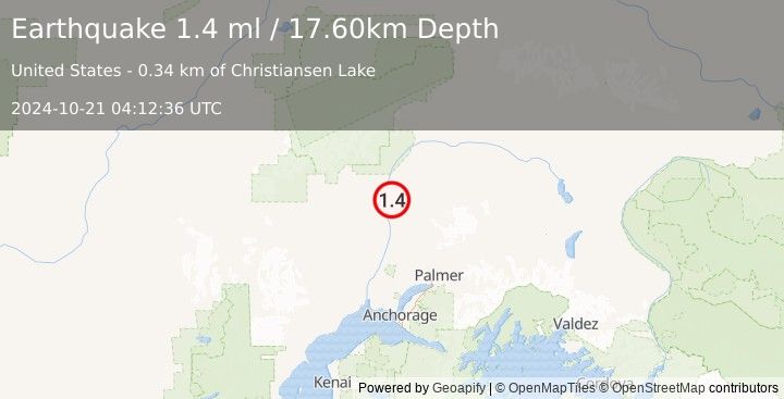 Earthquake 2 km ESE of Talkeetna, Alaska (1.4 ml) (2024-10-21 04:12:36 UTC)