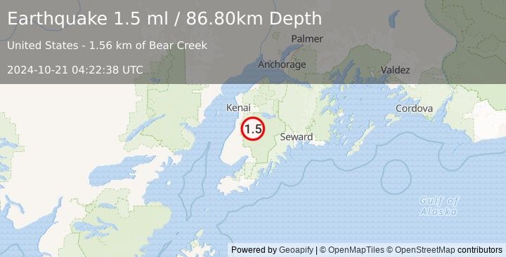 Earthquake 28 km ESE of Kasilof, Alaska (1.5 ml) (2024-10-21 04:22:38 UTC)