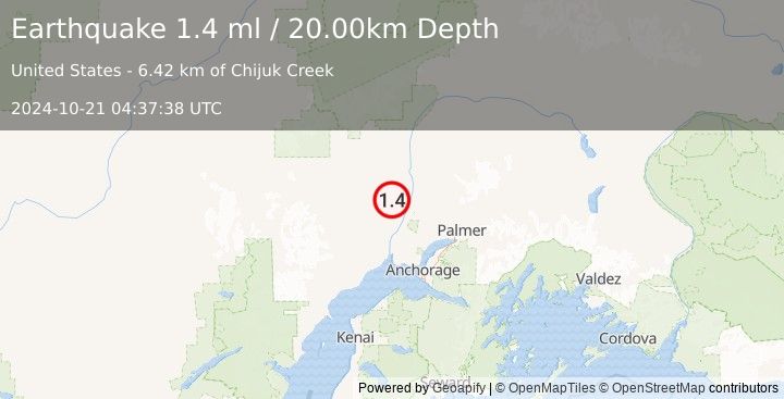 Earthquake 29 km WNW of Willow, Alaska (1.4 ml) (2024-10-21 04:37:38 UTC)