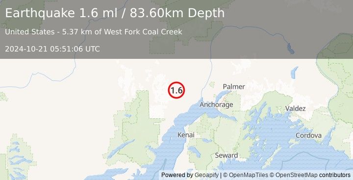 Earthquake 53 km NW of Beluga, Alaska (1.6 ml) (2024-10-21 05:51:06 UTC)