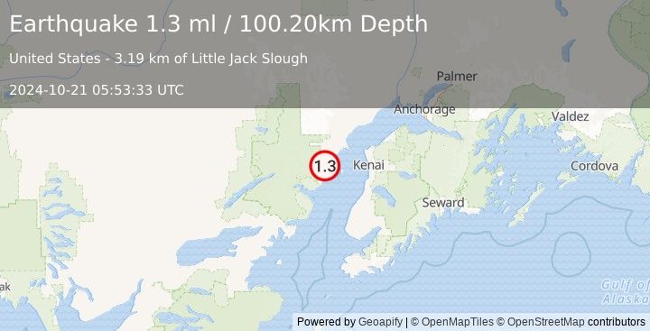 Earthquake 55 km W of Salamatof, Alaska (1.3 ml) (2024-10-21 05:53:33 UTC)