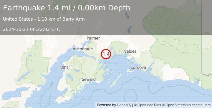 Earthquake 40 km NE of Whittier, Alaska (1.4 ml) (2024-10-21 06:22:02 UTC)