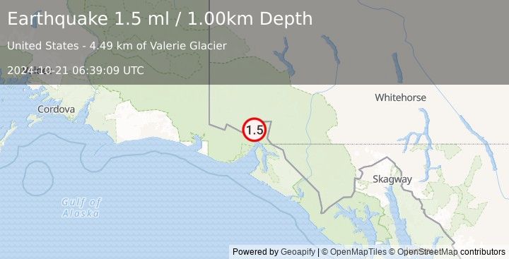 Earthquake 76 km N of Yakutat, Alaska (1.5 ml) (2024-10-21 06:39:09 UTC)