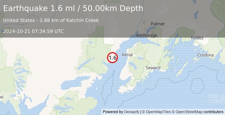 Earthquake 55 km W of Cohoe, Alaska (1.6 ml) (2024-10-21 07:34:59 UTC)