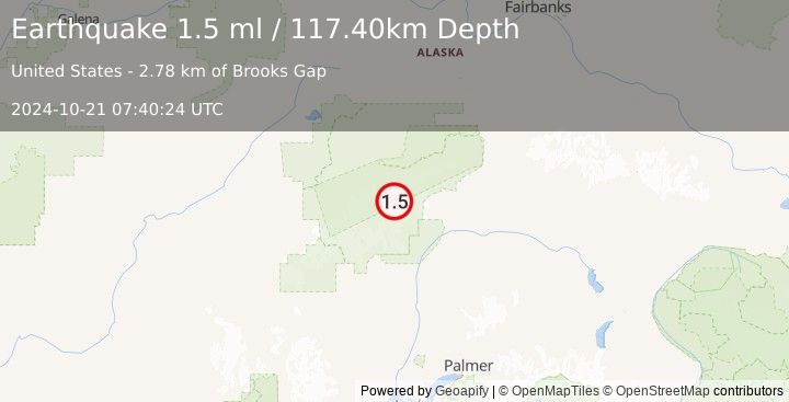 Earthquake 70 km N of Petersville, Alaska (1.5 ml) (2024-10-21 07:40:24 UTC)