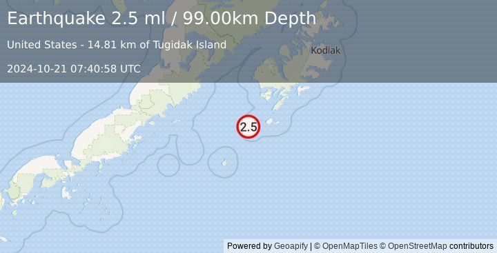 Earthquake 67 km SW of Akhiok, Alaska (2.5 ml) (2024-10-21 07:40:58 UTC)