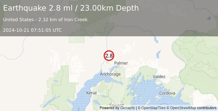 Earthquake 12 km NNE of Willow, Alaska (2.8 ml) (2024-10-21 07:51:05 UTC)