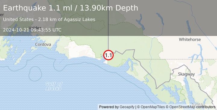 Earthquake 97 km NW of Yakutat, Alaska (1.1 ml) (2024-10-21 09:43:55 UTC)