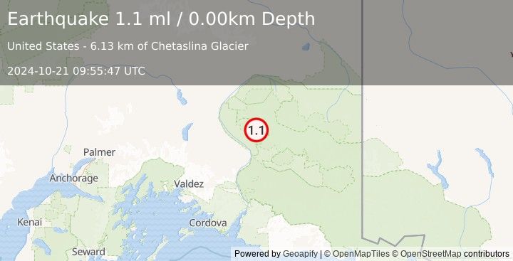 Earthquake 42 km ENE of Kenny Lake, Alaska (1.1 ml) (2024-10-21 09:55:47 UTC)