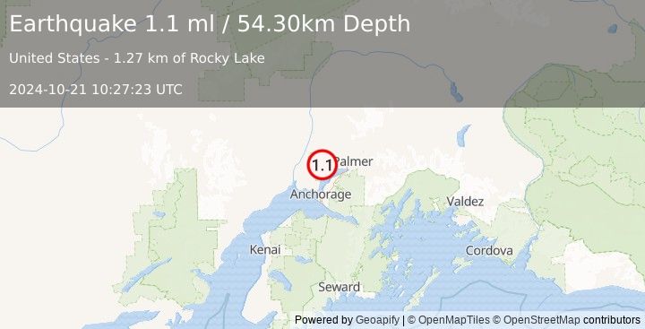 Earthquake 7 km NE of Big Lake, Alaska (1.1 ml) (2024-10-21 10:27:23 UTC)