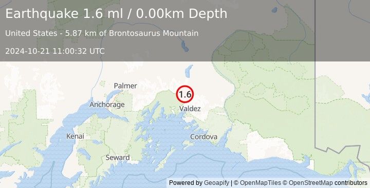 Earthquake 35 km NNW of Valdez, Alaska (1.6 ml) (2024-10-21 11:00:32 UTC)