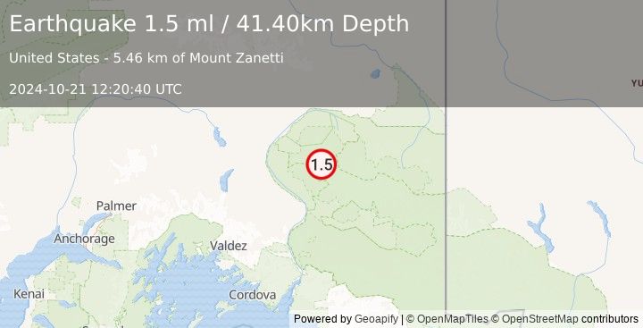 Earthquake 61 km NE of Kenny Lake, Alaska (1.5 ml) (2024-10-21 12:20:40 UTC)