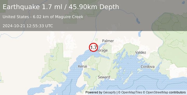 Earthquake 19 km W of Point MacKenzie, Alaska (1.7 ml) (2024-10-21 12:55:33 UTC)